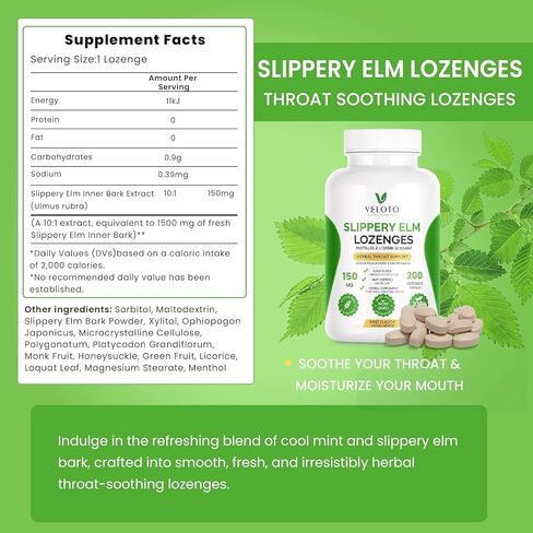 VELOTO Herbal Throat Lozenges with Slippery Elm, Soothing Support for Dry & Irritated Throat, Gentle Mint Flavor, Sugar Free, Daily Throat Care, 200 Count in Saudi Arabia