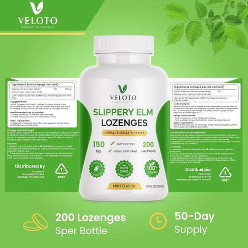 VELOTO Herbal Throat Lozenges with Slippery Elm, Soothing Support for Dry & Irritated Throat, Gentle Mint Flavor, Sugar Free, Daily Throat Care, 200 Count in Saudi Arabia