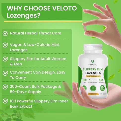 VELOTO Herbal Throat Lozenges with Slippery Elm, Soothing Support for Dry & Irritated Throat, Gentle Mint Flavor, Sugar Free, Daily Throat Care, 200 Count in Saudi Arabia