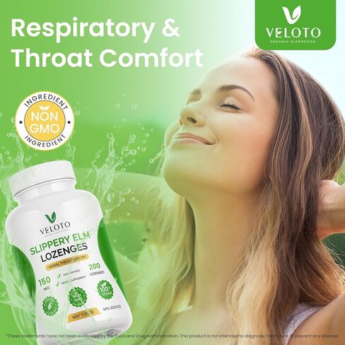 VELOTO Herbal Throat Lozenges with Slippery Elm, Soothing Support for Dry & Irritated Throat, Gentle Mint Flavor, Sugar Free, Daily Throat Care, 200 Count in Saudi Arabia