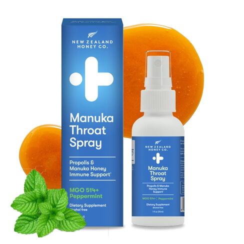 New Zealand Honey Co. Manuka Honey Throat Spray with Bee Propolis - MGO 514+ Immune Support - Natural Sore Throat & Dry Mouth Relief, Peppermint Flavor, Alcohol-Free - 1 fl oz (30ml) in Kuwait