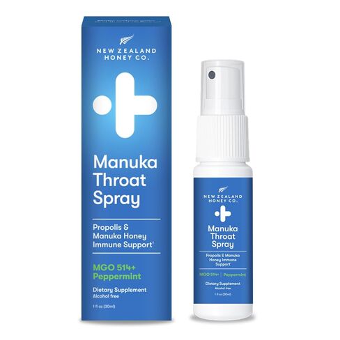 New Zealand Honey Co. Manuka Honey Throat Spray with Bee Propolis - MGO 514+ Immune Support - Natural Sore Throat & Dry Mouth Relief, Peppermint Flavor, Alcohol-Free - 1 fl oz (30ml) in Kuwait