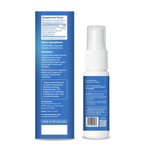 New Zealand Honey Co. Manuka Honey Throat Spray with Bee Propolis - MGO 514+ Immune Support - Natural Sore Throat & Dry Mouth Relief, Peppermint Flavor, Alcohol-Free - 1 fl oz (30ml) in Kuwait