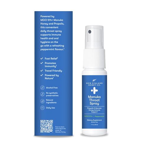 New Zealand Honey Co. Manuka Honey Throat Spray with Bee Propolis - MGO 514+ Immune Support - Natural Sore Throat & Dry Mouth Relief, Peppermint Flavor, Alcohol-Free - 1 fl oz (30ml) in Kuwait