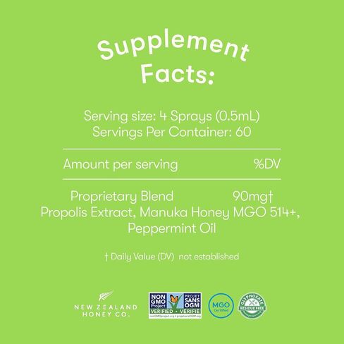 New Zealand Honey Co. Manuka Honey Throat Spray with Bee Propolis - MGO 514+ Immune Support - Natural Sore Throat & Dry Mouth Relief, Peppermint Flavor, Alcohol-Free - 1 fl oz (30ml) in Kuwait