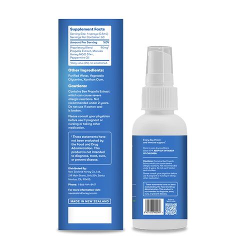 New Zealand Honey Co. Manuka Honey Throat Spray with Bee Propolis - MGO 514+ Immune Support - Natural Sore Throat & Dry Mouth Relief, Peppermint Flavor, Alcohol-Free - 1 fl oz (30ml) in Kuwait