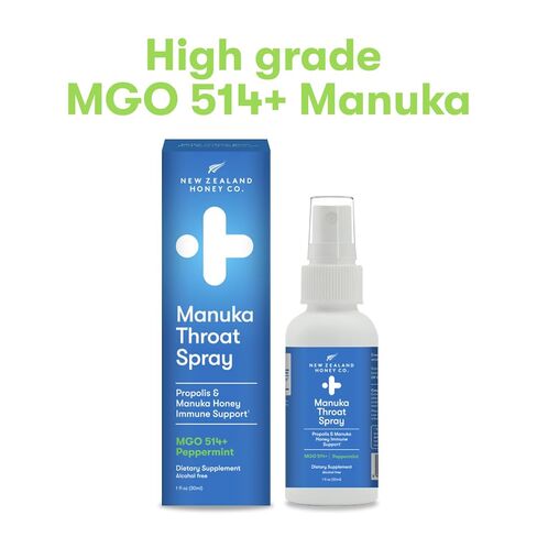 New Zealand Honey Co. Manuka Honey Throat Spray with Bee Propolis - MGO 514+ Immune Support - Natural Sore Throat & Dry Mouth Relief, Peppermint Flavor, Alcohol-Free - 1 fl oz (30ml) in Kuwait