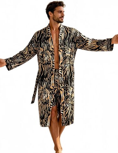Men's Luxury Satin Robe with Tiger Print Pattern, Long Sleeve Kimono Style Bathrobe, 2 Pack in Kuwait