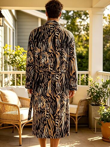 Men's Luxury Satin Robe with Tiger Print Pattern, Long Sleeve Kimono Style Bathrobe, 2 Pack in Kuwait