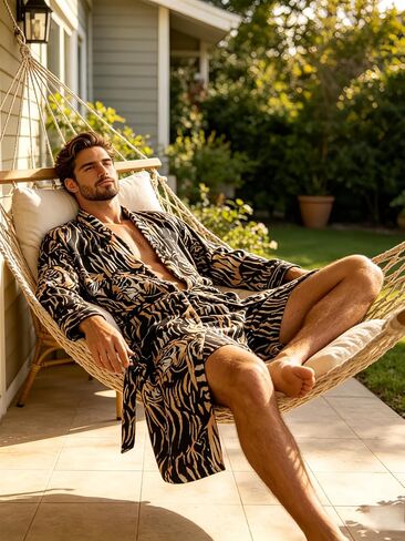 Men's Luxury Satin Robe with Tiger Print Pattern, Long Sleeve Kimono Style Bathrobe, 2 Pack in Kuwait
