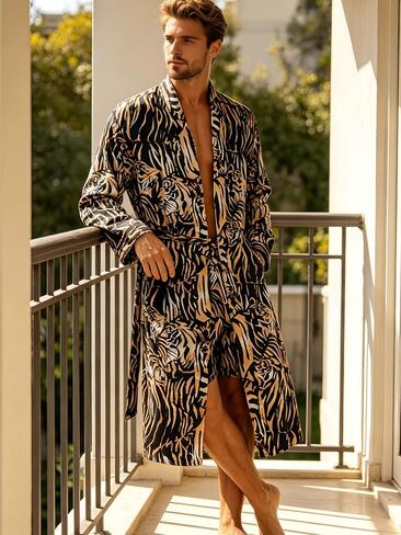 Men's Luxury Satin Robe with Tiger Print Pattern, Long Sleeve Kimono Style Bathrobe, 2 Pack in Kuwait
