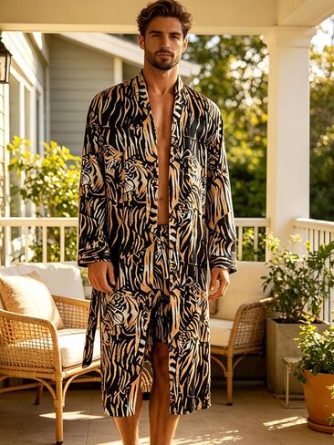 Men's Luxury Satin Robe with Tiger Print Pattern, Long Sleeve Kimono Style Bathrobe, 2 Pack in Kuwait