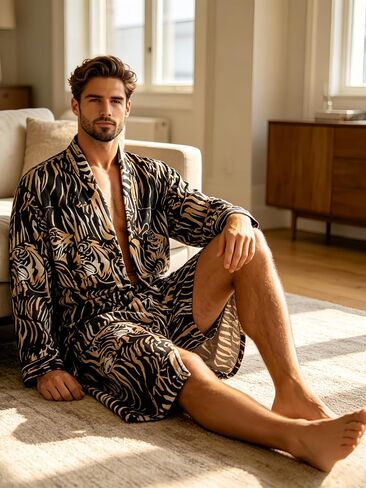 Men's Luxury Satin Robe with Tiger Print Pattern, Long Sleeve Kimono Style Bathrobe, 2 Pack in Kuwait