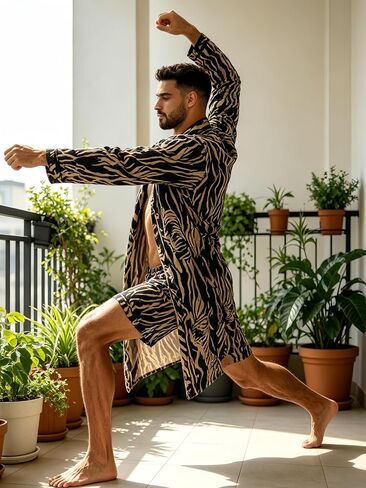 Men's Luxury Satin Robe with Tiger Print Pattern, Long Sleeve Kimono Style Bathrobe, 2 Pack in Kuwait
