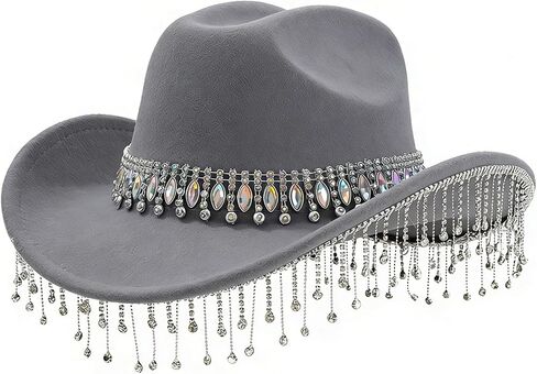 Women's Felt Western Cowgirl Hat Wide Brim with Rhinestone Band Crystal Tassel Fringe for Music Festival Disco Party in Saudi Arabia
