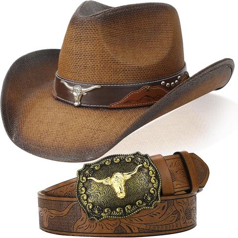 Straw Cowboy Hat with Western Leather Belt Set, 3.75 Inches Wide Brim Cattleman Cowgirl Hat in Kuwait
