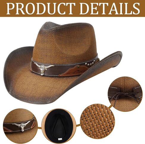 Straw Cowboy Hat with Western Leather Belt Set, 3.75 Inches Wide Brim Cattleman Cowgirl Hat in Kuwait
