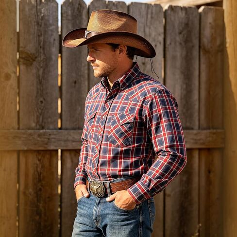 Straw Cowboy Hat with Western Leather Belt Set, 3.75 Inches Wide Brim Cattleman Cowgirl Hat in Kuwait