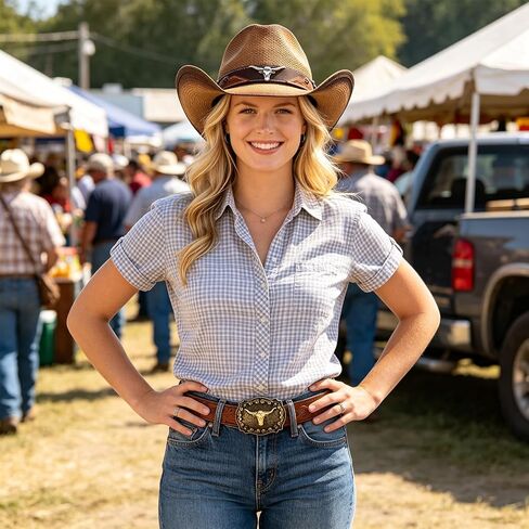 Straw Cowboy Hat with Western Leather Belt Set, 3.75 Inches Wide Brim Cattleman Cowgirl Hat in Kuwait