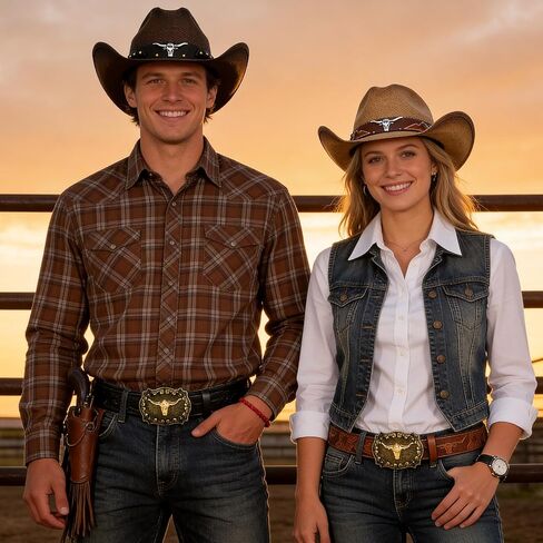 Straw Cowboy Hat with Western Leather Belt Set, 3.75 Inches Wide Brim Cattleman Cowgirl Hat in Kuwait