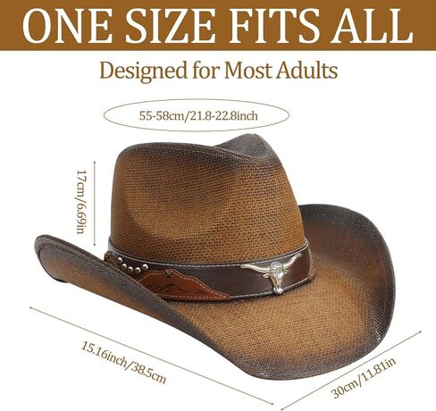 Straw Cowboy Hat with Western Leather Belt Set, 3.75 Inches Wide Brim Cattleman Cowgirl Hat in Kuwait