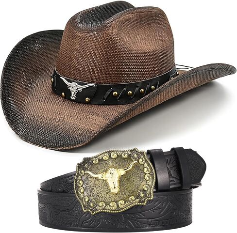 Straw Cowboy Hat with Western Leather Belt Set, 3.75 Inches Wide Brim Cattleman Cowgirl Hat in Kuwait