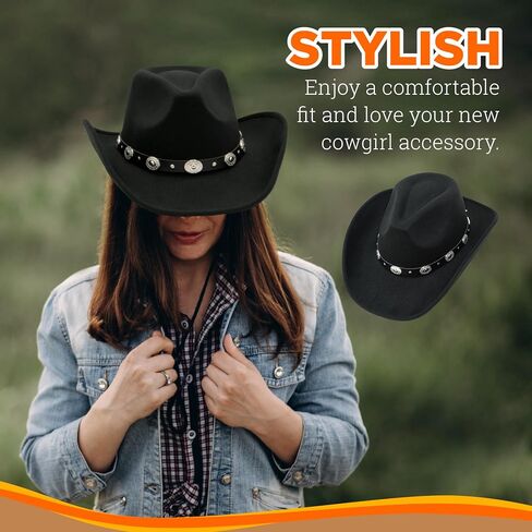 4E's Novelty Black Cowboy Hat for Men & Women Premium Felt Western Cowboy Hat, Soft and Stylish Cowgirl Hats, Traditional Western Cowgirl Hats for Party and Rodeo Costume Outfit Accessories in Kuwait