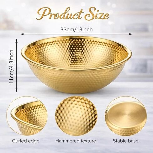 2 Pack 13 Inch Hammered Gold Salad Bowl Golden Serving Bowls Large Gold Bowl Stainless Steel Serving Mixing Bowl 4.3 Inch Deep Easy Clean for Salad Fruit Soup Snacks Dessert Party Buffet Gift in Saudi Arabia