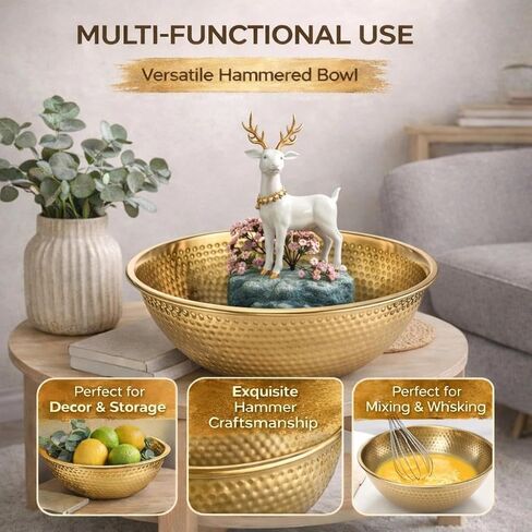 2 Pack 13 Inch Hammered Gold Salad Bowl Golden Serving Bowls Large Gold Bowl Stainless Steel Serving Mixing Bowl 4.3 Inch Deep Easy Clean for Salad Fruit Soup Snacks Dessert Party Buffet Gift in Saudi Arabia