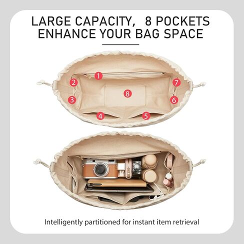 Premium Canvas Bag Organizer Insert for Cyme Large Bags, Sturdy & Lightweight Handbag Organizer with Unique Drawstring Closure, Purse Insert with 8 Compartments Including Zipper Pocket/L in Saudi Arabia