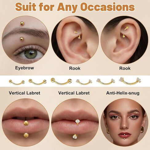 6 Pcs Gold Eyebrow Piercing Jewelry 16G Rook Piercing Jewelry Surgical Steel Gold Eyebrow Rings Vertical Lip Labret Belly Snake Eye Tongue Ring Daith Earring for Men Women Curved Barbells 6mm 8mm 10mm in Kuwait