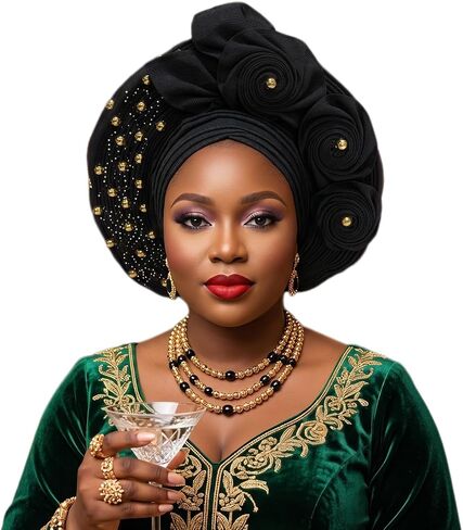 African Auto Gele Head Wrap for Women, Nigerian Turban with Rhinestones and Beads, for Weddings and Parties in Saudi Arabia