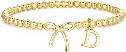 M MOOHAM Initial Bracelet - Bow Bracelets for Women, 14K Gold Plated Letter A-Z Beaded Bracelet for Teen Girls, Charm Stretch Initial Bracelets, Women Dainty Bow Jewelry Personalized Birthday Gifts in Kuwait