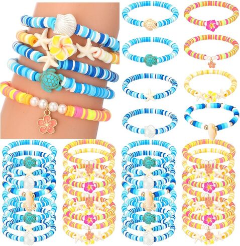 32 Pcs Hawaiian Bracelets Friendship Summer Bohemia Plumeria Rubra Ocean Beach Bracelets Bulk Polymer Clay Surfer Beaded Shell Turtle Starfish Bracelet for Under The Sea Party Favors in Saudi Arabia