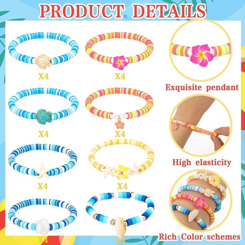 32 Pcs Hawaiian Bracelets Friendship Summer Bohemia Plumeria Rubra Ocean Beach Bracelets Bulk Polymer Clay Surfer Beaded Shell Turtle Starfish Bracelet for Under The Sea Party Favors in Saudi Arabia
