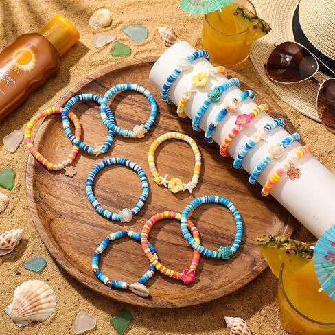 32 Pcs Hawaiian Bracelets Friendship Summer Bohemia Plumeria Rubra Ocean Beach Bracelets Bulk Polymer Clay Surfer Beaded Shell Turtle Starfish Bracelet for Under The Sea Party Favors in Saudi Arabia
