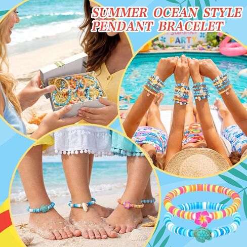 32 Pcs Hawaiian Bracelets Friendship Summer Bohemia Plumeria Rubra Ocean Beach Bracelets Bulk Polymer Clay Surfer Beaded Shell Turtle Starfish Bracelet for Under The Sea Party Favors in Saudi Arabia