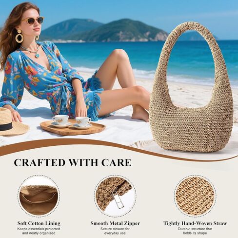 Straw Beach Bag for Women, Summer Tote Bag for Vacation, Hobo Shoulder Bag for Beach Wedding Travel in Saudi Arabia