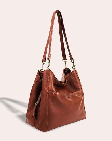 American Leather Co. Austin Triple-Entry Bucket Bag, Brandy, Hobo Shoulder Bag for Women with Center Zip, Slip Pockets & Removable Shoulder Strap, Functional & Fashionable Handbags for Women in Saudi Arabia