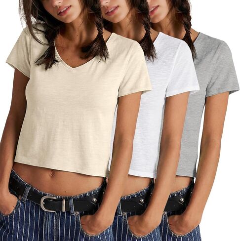 FAIABLE 3 Packs Womens V Neck Crop Tops Slub Cotton T Shirts Casual Short Sleeves Tee Summer Fashion Solid Basic Clothes 2026 in Saudi Arabia
