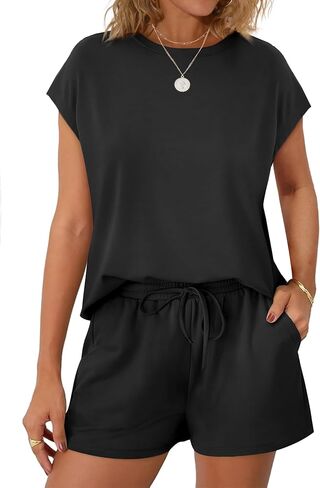 WIHOLL Two Piece Sets for Women Summer Crew Neck Lounge Short Sets Cap Sleeve Drawstring Sweatsuit with Pocket in Kuwait