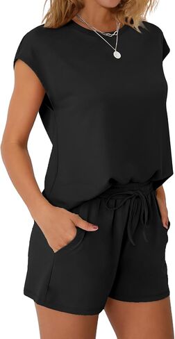 WIHOLL Two Piece Sets for Women Summer Crew Neck Lounge Short Sets Cap Sleeve Drawstring Sweatsuit with Pocket in Kuwait