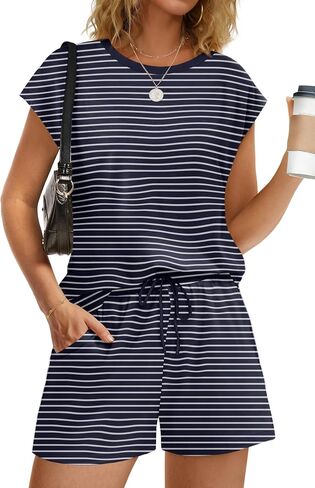 WIHOLL Two Piece Sets for Women Summer Crew Neck Lounge Short Sets Cap Sleeve Drawstring Sweatsuit with Pocket in Kuwait