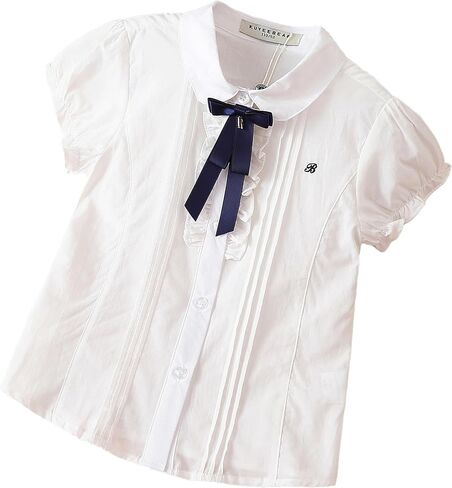 Girls White Peter Pan Collar Blouse with Navy Bow, Short Sleeve Pleated Shirt, Ages 4-12 in Saudi Arabia