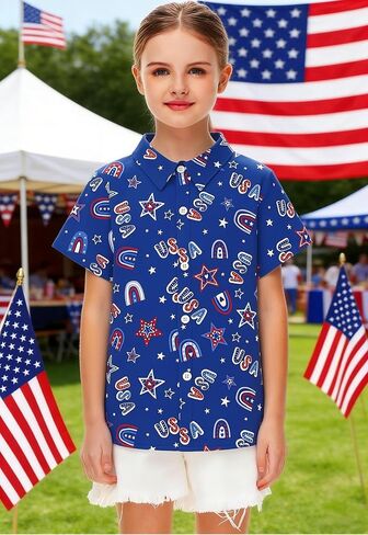 CAZYCHILD Kids USA 4th of July قميص الفتيات والفتيان العلم الأمريكي زر أسفل قصيرة الأكمام الوطنية المحملة القمم 5-14Y in Kuwait