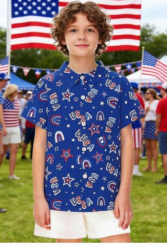 CAZYCHILD Kids USA 4th of July قميص الفتيات والفتيان العلم الأمريكي زر أسفل قصيرة الأكمام الوطنية المحملة القمم 5-14Y in Kuwait