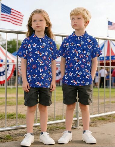 CAZYCHILD Kids USA 4th of July قميص الفتيات والفتيان العلم الأمريكي زر أسفل قصيرة الأكمام الوطنية المحملة القمم 5-14Y in Kuwait