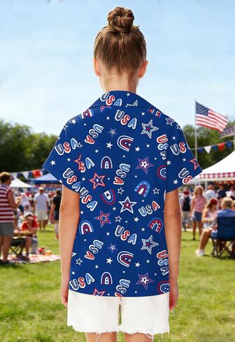 CAZYCHILD Kids USA 4th of July قميص الفتيات والفتيان العلم الأمريكي زر أسفل قصيرة الأكمام الوطنية المحملة القمم 5-14Y in Kuwait