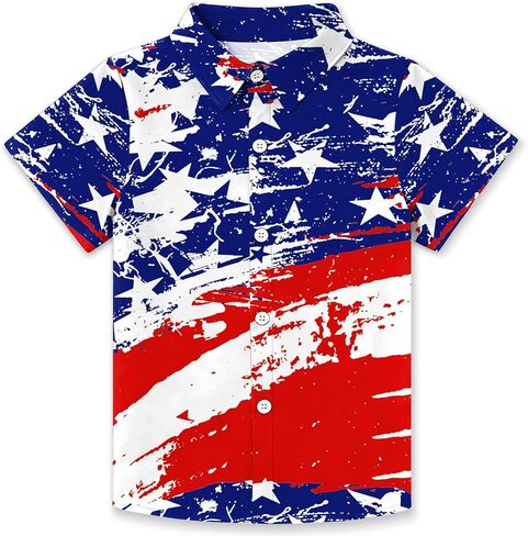 CAZYCHILD Kids USA 4th of July قميص الفتيات والفتيان العلم الأمريكي زر أسفل قصيرة الأكمام الوطنية المحملة القمم 5-14Y in Kuwait