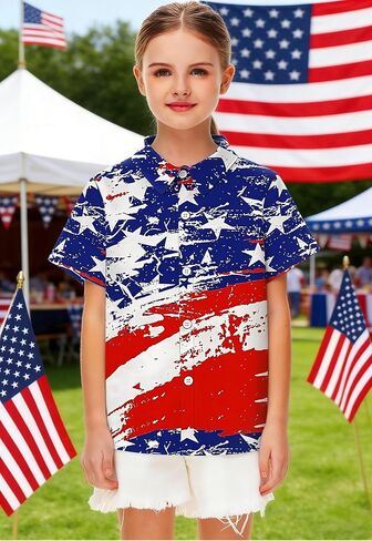 CAZYCHILD Kids USA 4th of July قميص الفتيات والفتيان العلم الأمريكي زر أسفل قصيرة الأكمام الوطنية المحملة القمم 5-14Y in Kuwait